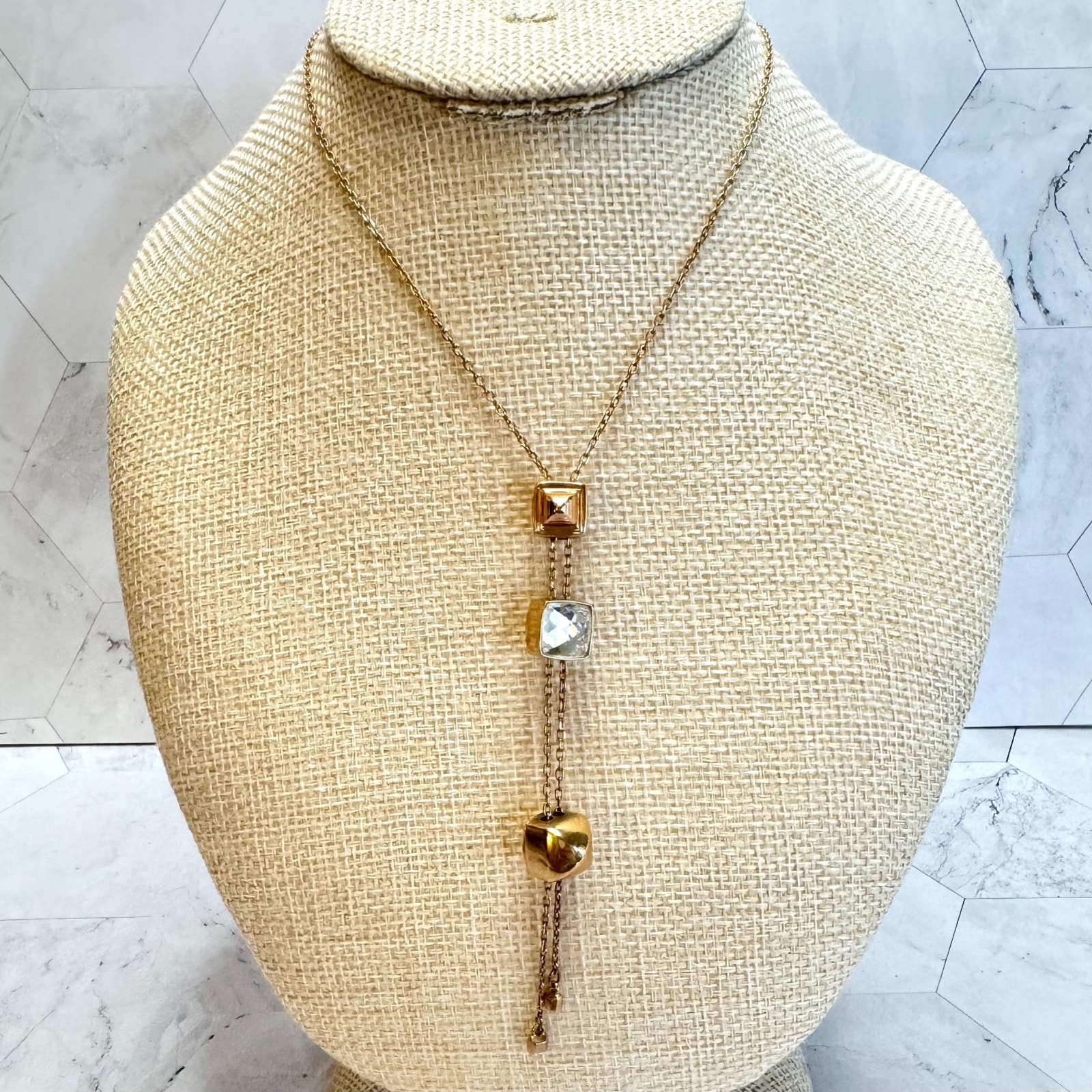 Swarovski Crystal Lariat Necklace Rose Gold Tone 3 Chain Slider Y Drop 28" Euc